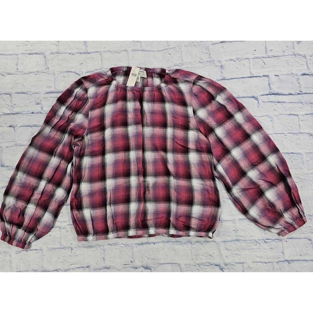Cloth & Stone Blouse WOMEN L Burgundy Plaid Balloon Sleeve Elastic Hem Boho Top